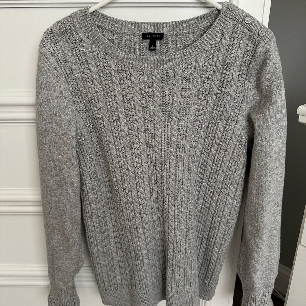 Talbots Womens Gray Cable Knit Ribbed Long Sleeve Pullover Sweater Size L